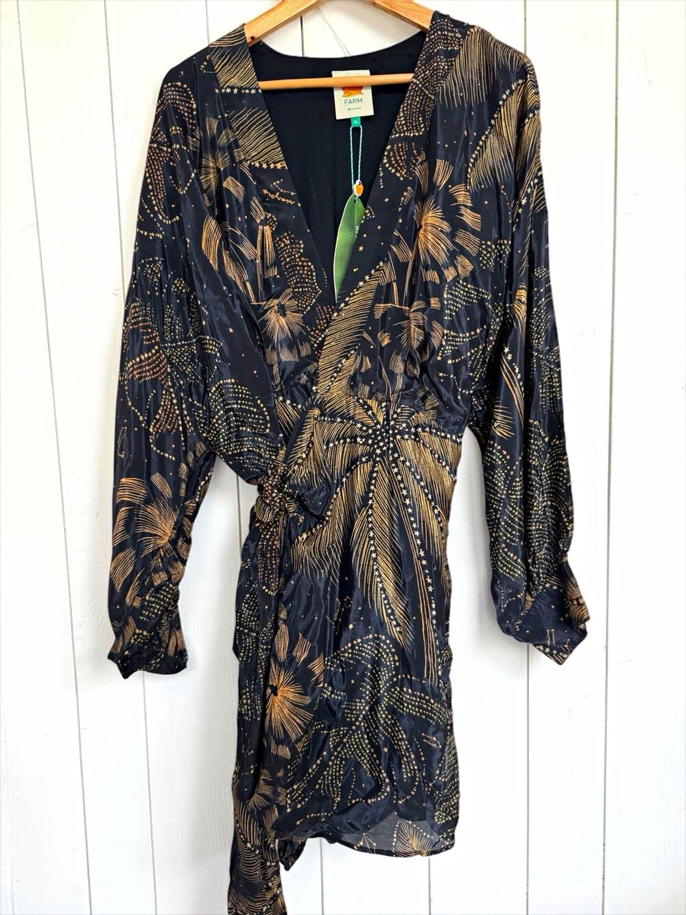 NWT FARM Rio Women's Golden Foliage Black Mini Puffy Sleeve Wrap Dress Size XL